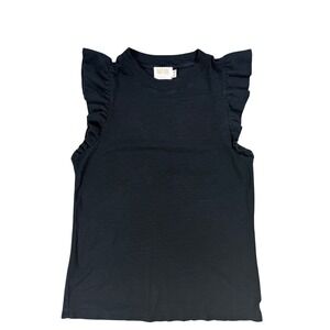 XS Nation LTD Oaulette Black Pima Cotton Ruffle Shoulder Slub Knit Tank Top